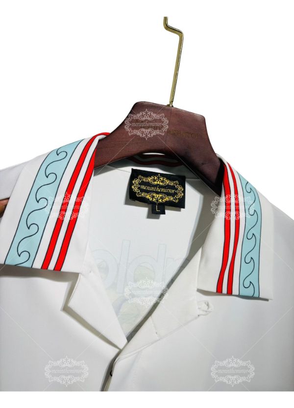 Kemeja Lengan Panjang dengan Trim Gelombang Pesisir | Retro Resort Putih Kasual