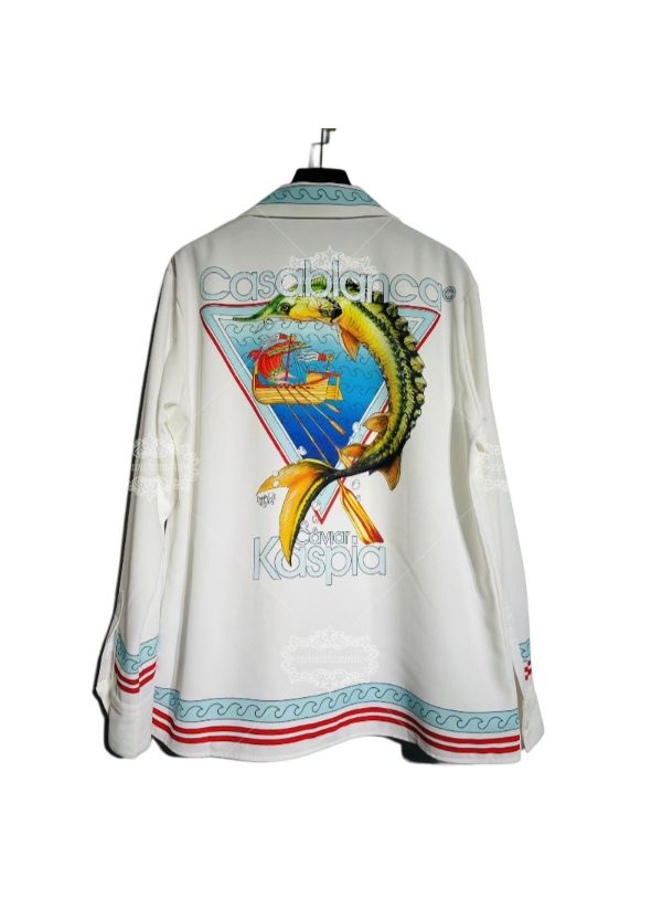 Kemeja Lengan Panjang dengan Trim Gelombang Pesisir | Retro Resort Putih Kasual