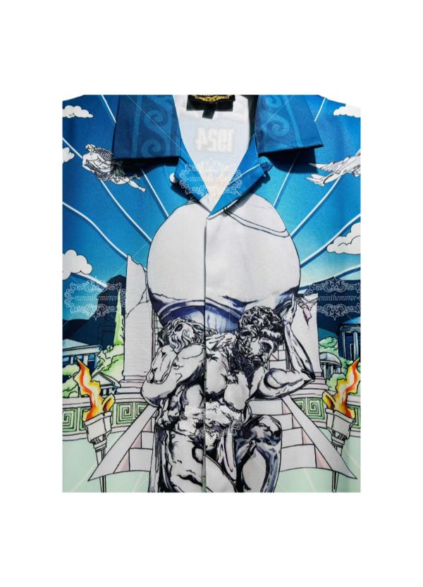 Kemeja Cetak Patung Barok Biru Pucat | Celana Pendek Resor Luxe Ringan