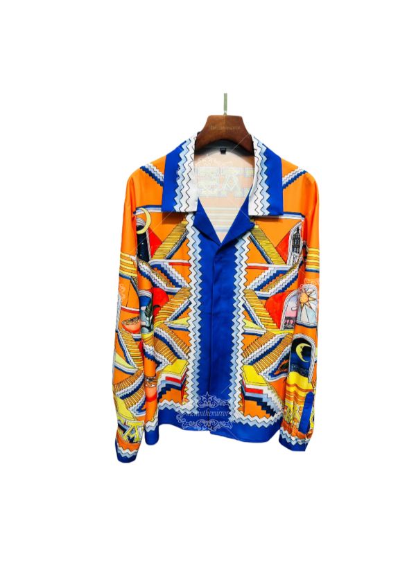 Kemeja Cetak Geometris Emas Biru Tua | Pola Teks Luxe Gelap Pendek