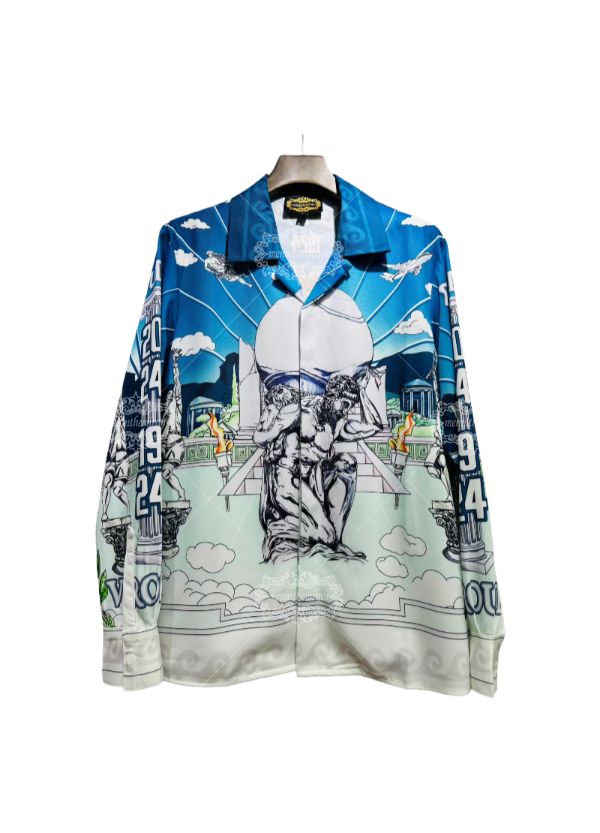 Kemeja Cetak Patung Barok Biru Pucat | Celana Pendek Resor Luxe Ringan