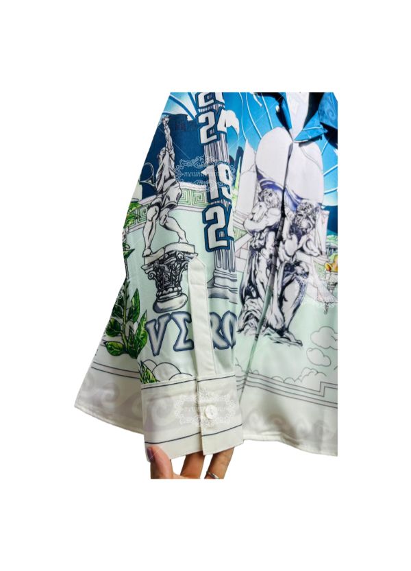 Kemeja Cetak Patung Barok Biru Pucat | Celana Pendek Resor Luxe Ringan