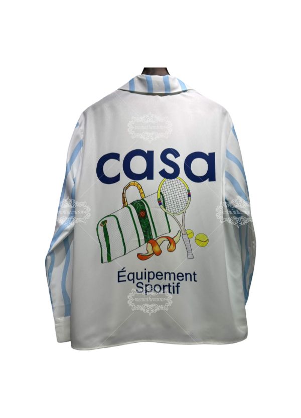 Kemeja Bermotif Elemen Tenis Garis Gelombang Putih & Biru | Resor Sport Luxe Panjang