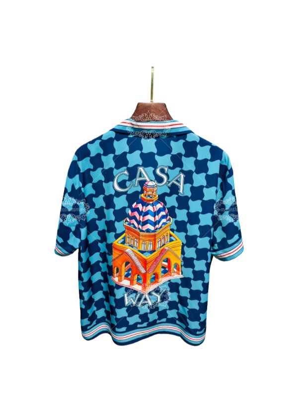 Kemeja Motif Geometris Mediterania | Resor Arsitektur Aqua Blue