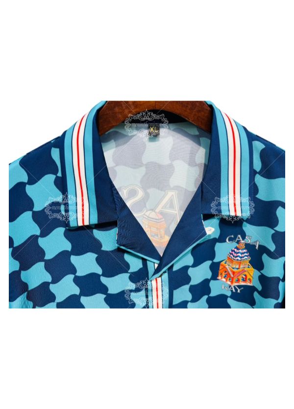 Kemeja Motif Geometris Mediterania | Resor Arsitektur Aqua Blue