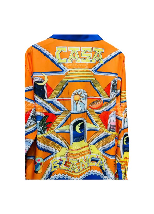 Kemeja Cetak Geometris Emas Biru Tua | Pola Teks Luxe Gelap Pendek