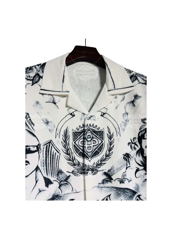 Kemeja Cetak Pemandangan Kota Seni Tato | Grafis Perkotaan Dark Luxe Panjang