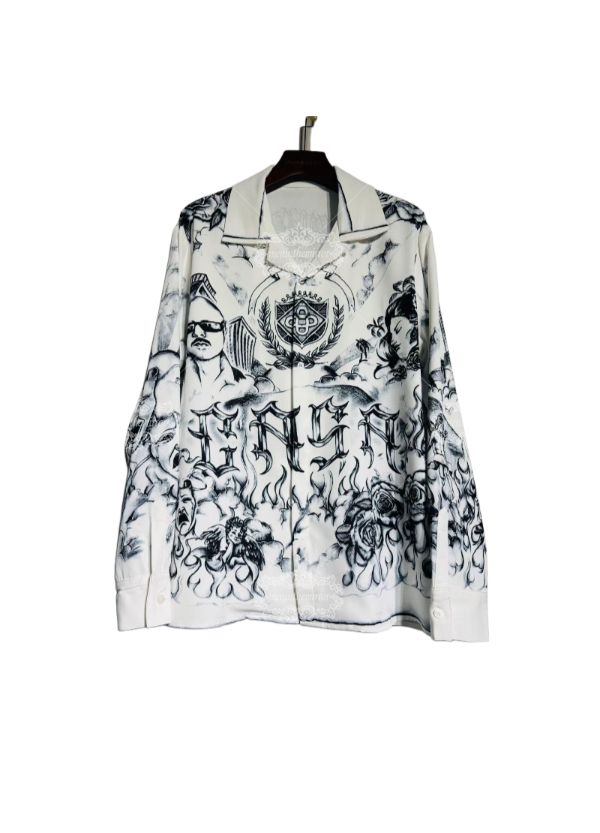 Kemeja Cetak Pemandangan Kota Seni Tato | Grafis Perkotaan Dark Luxe Panjang