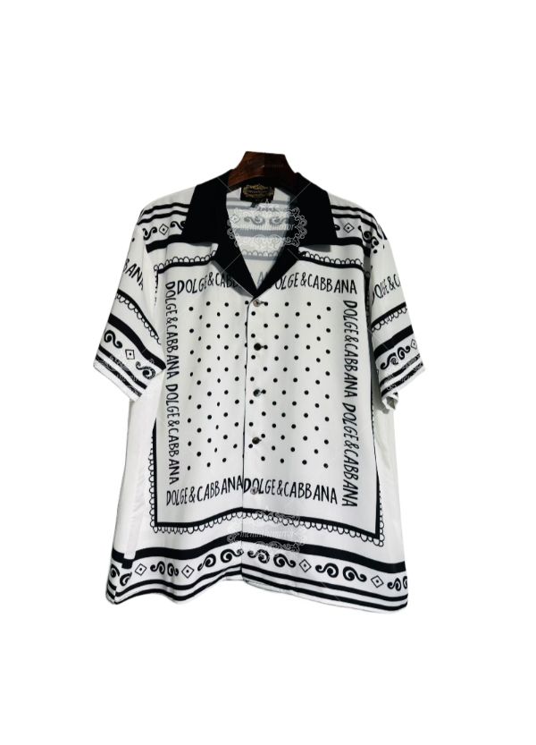 Kemeja Lengan Pendek Perbatasan Polka Dot Monokrom | Syal Sutra Retro Mewah