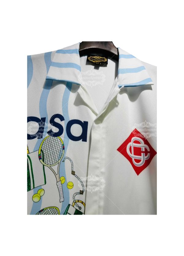 Kemeja Bermotif Elemen Tenis Garis Gelombang Putih & Biru | Resor Sport Luxe Panjang