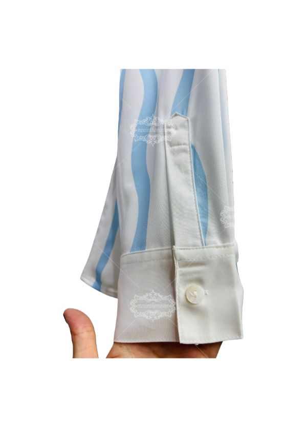 Kemeja Bermotif Elemen Tenis Garis Gelombang Putih & Biru | Resor Sport Luxe Panjang