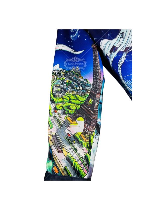 Kemeja Bermotif Pemandangan Kota Global yang Mewah | Seni Perjalanan Sutra-Satin Panjang