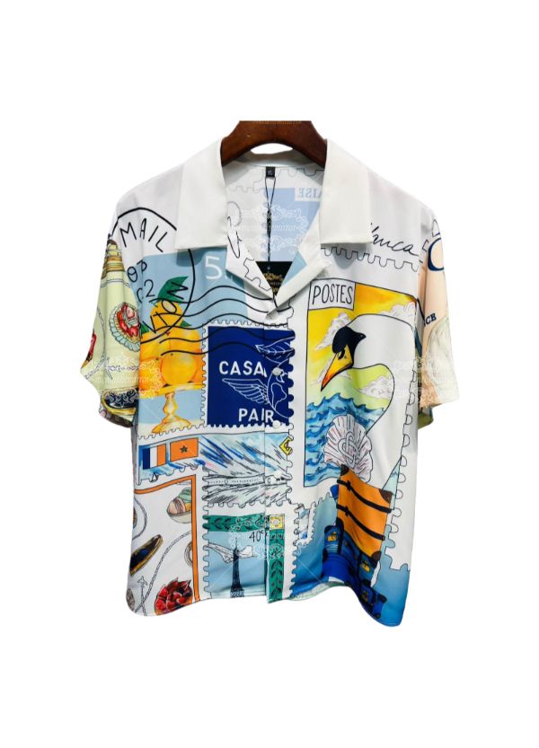 Kemeja Cetak Geometris Biru Aqua Cerah | Pakaian Jalanan Mewah Kontras Tinggi