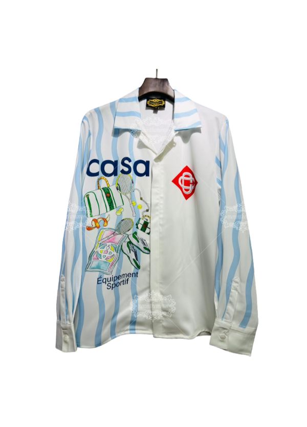 Kemeja Bermotif Elemen Tenis Garis Gelombang Putih & Biru | Resor Sport Luxe Panjang