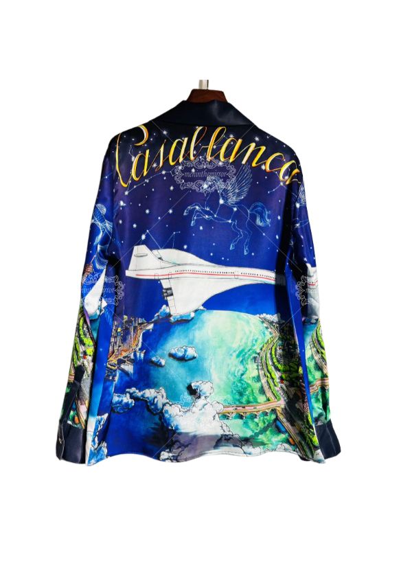 Kemeja Bermotif Pemandangan Kota Global yang Mewah | Seni Perjalanan Sutra-Satin Panjang