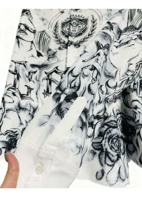 Kemeja Cetak Pemandangan Kota Seni Tato | Grafis Perkotaan Dark Luxe Panjang