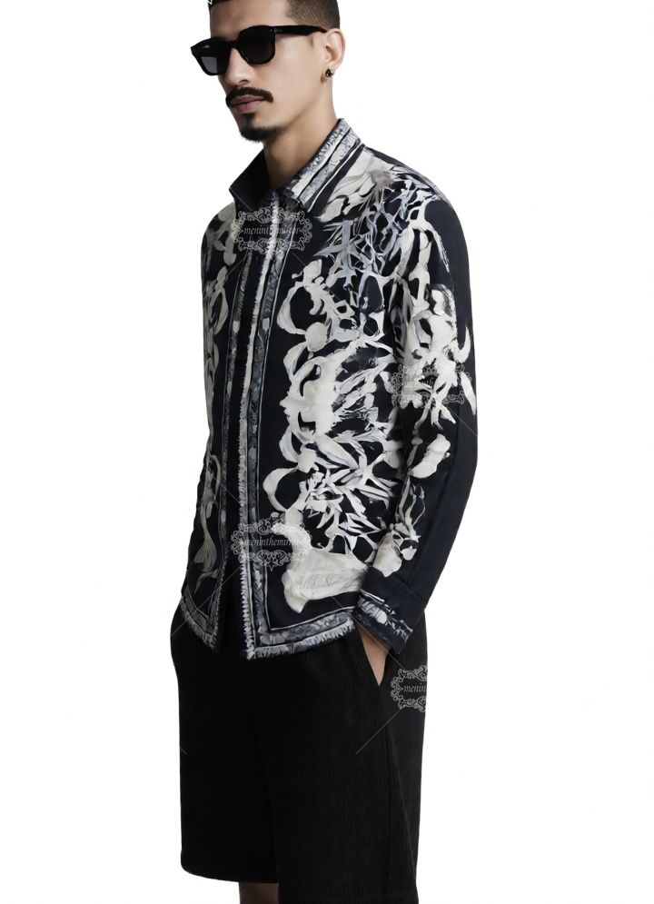 Kemeja Barok Laut Monokrom | Kerah Santai