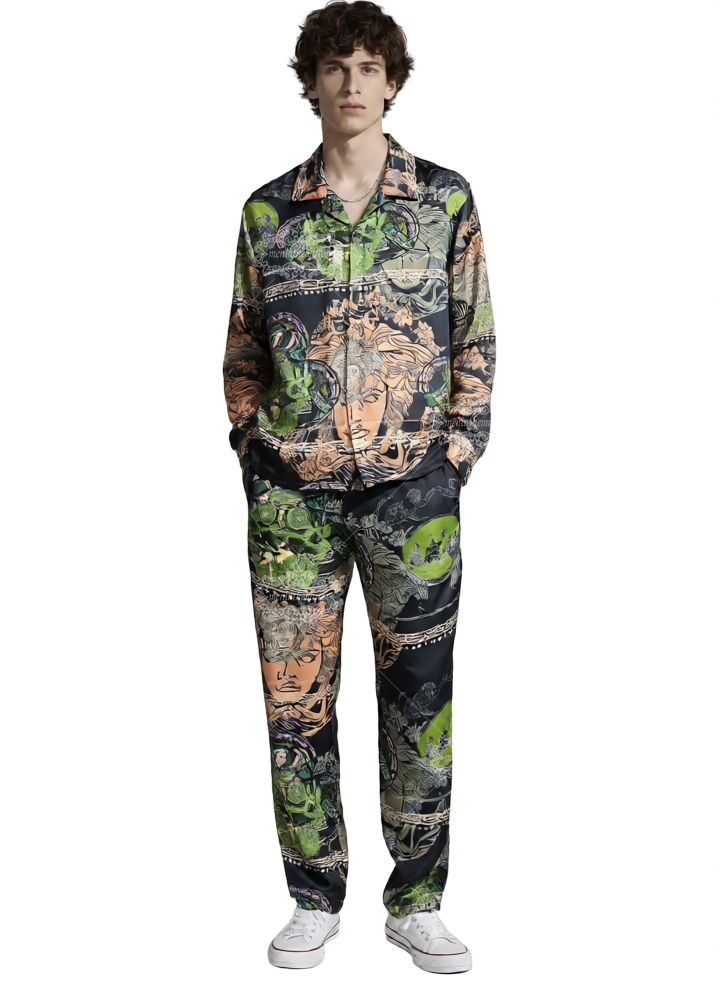 Kemeja Lengan Pendek Motif Medali Barok Mewah | Pakaian Resor Pria Bernapas Sentuhan Sutra