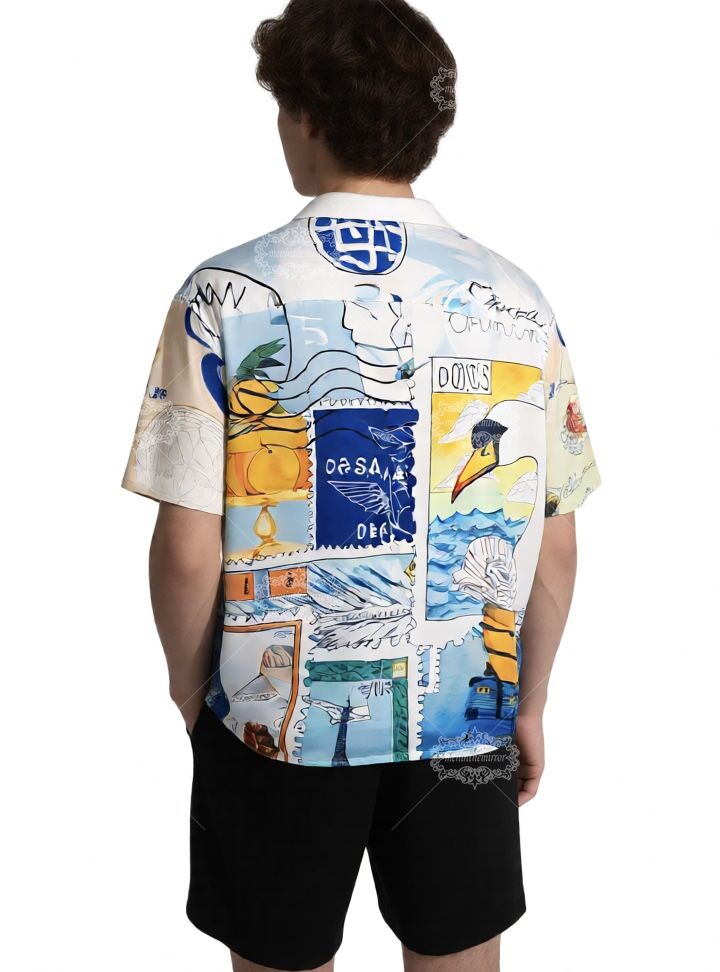 Kemeja Cetak Geometris Biru Aqua Cerah | Pakaian Jalanan Mewah Kontras Tinggi