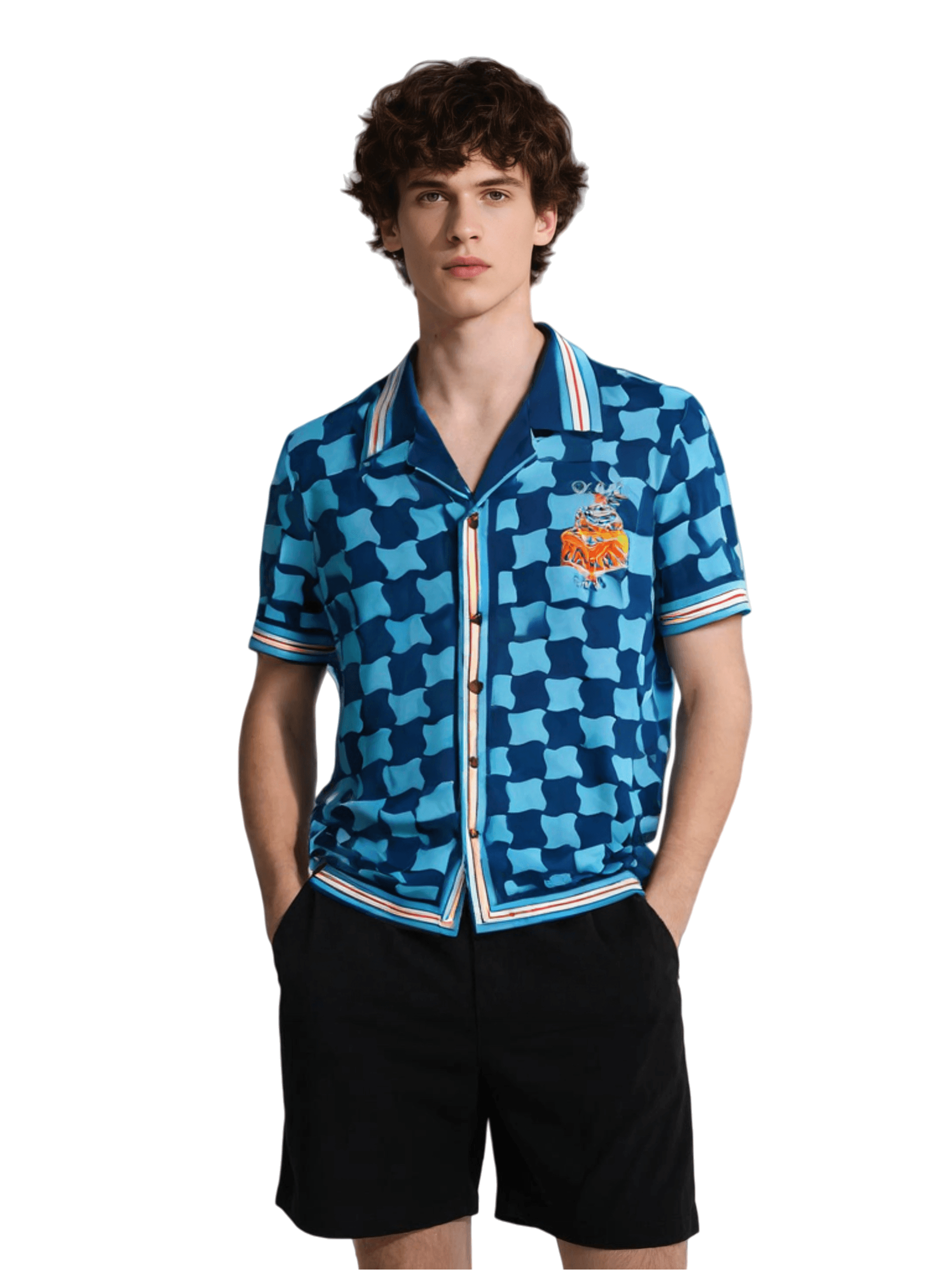 Kemeja Motif Geometris Mediterania | Resor Arsitektur Aqua Blue