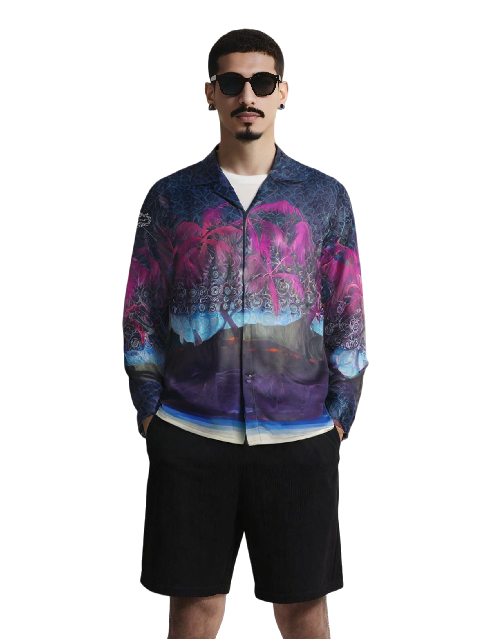 Kemeja Lengan Panjang Motif Telapak Tangan Neon Cerah | Pakaian Resor Mewah