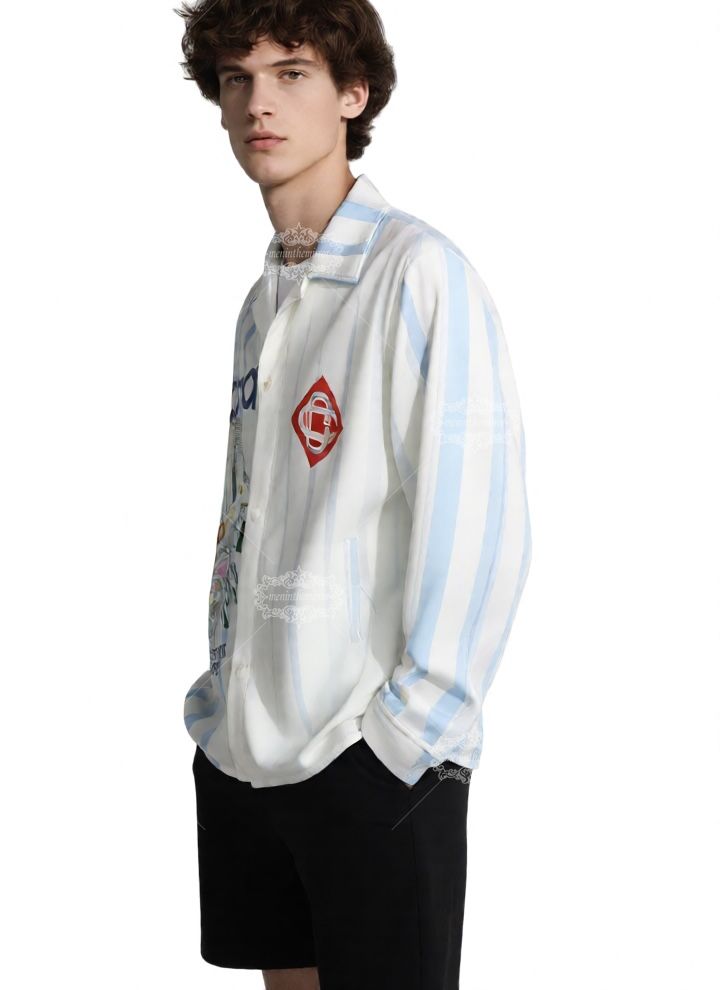 Kemeja Bermotif Elemen Tenis Garis Gelombang Putih & Biru | Resor Sport Luxe Panjang