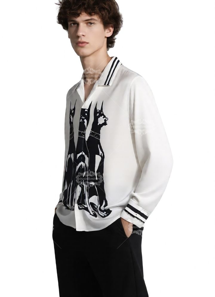 Kemeja Kasual Bermotif Doberman Resort-Fit Premium | Celana Panjang Pria Campuran Sutra