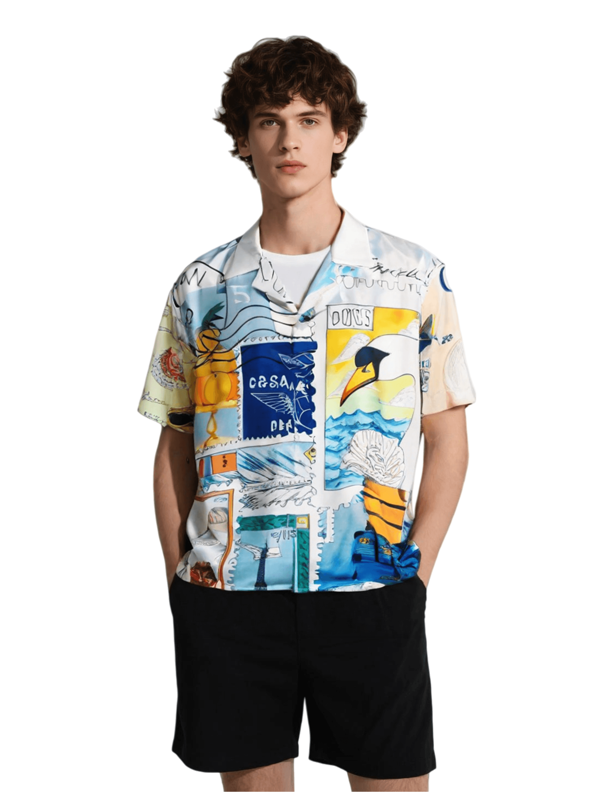 Kemeja Cetak Geometris Biru Aqua Cerah | Pakaian Jalanan Mewah Kontras Tinggi