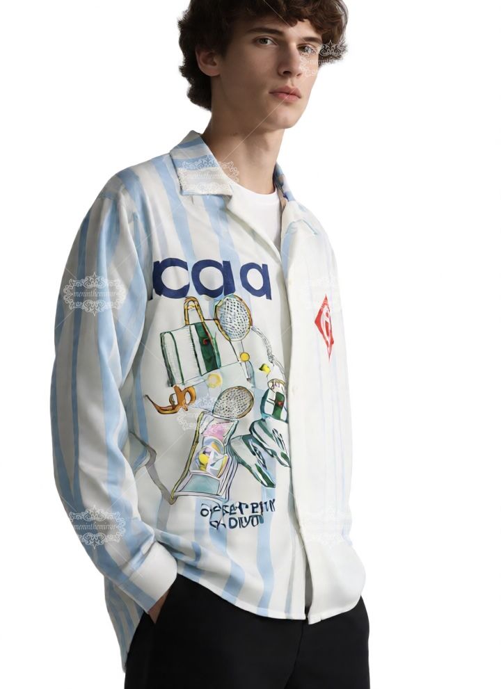 Kemeja Bermotif Elemen Tenis Garis Gelombang Putih & Biru | Resor Sport Luxe Panjang