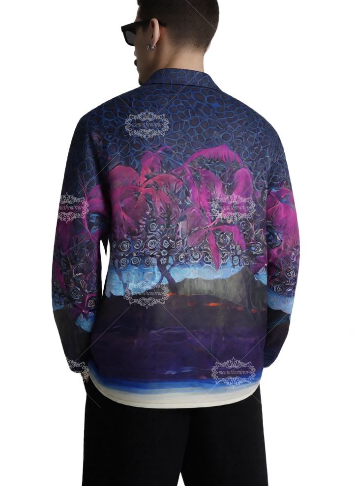 Kemeja Lengan Panjang Motif Telapak Tangan Neon Cerah | Pakaian Resor Mewah