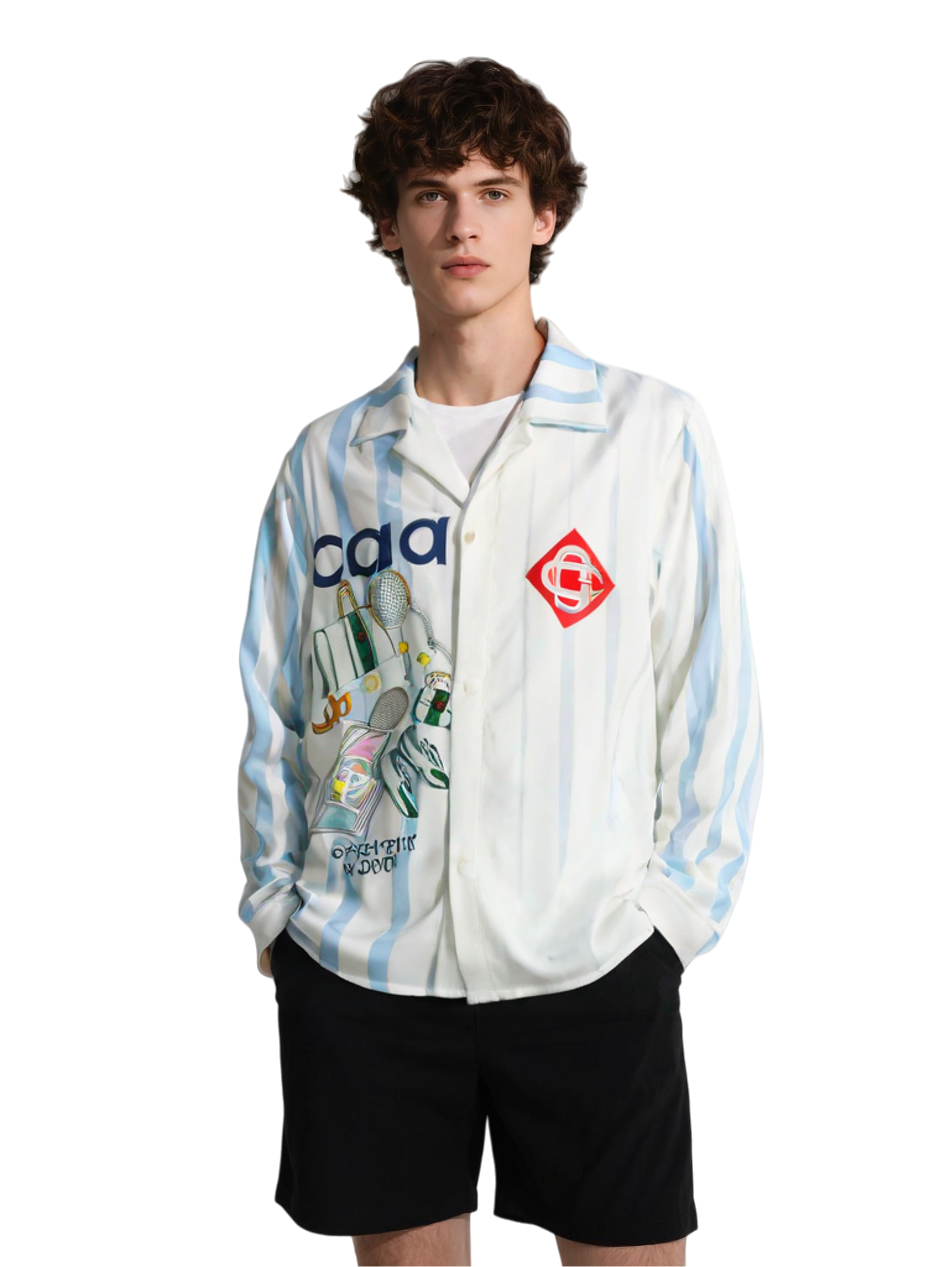 Kemeja Bermotif Elemen Tenis Garis Gelombang Putih & Biru | Resor Sport Luxe Panjang