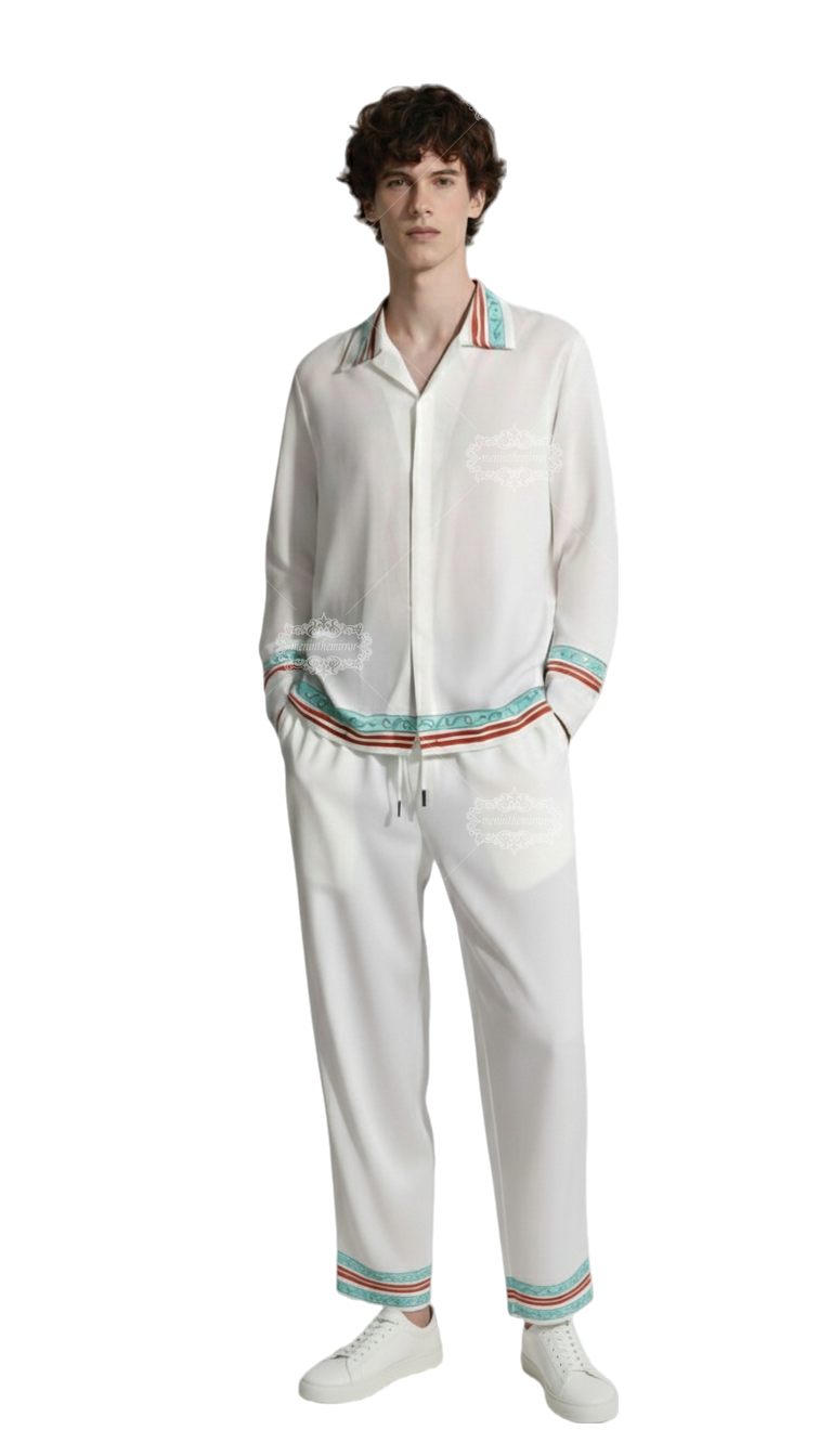 Kemeja Lengan Panjang dengan Trim Gelombang Pesisir | Retro Resort Putih Kasual