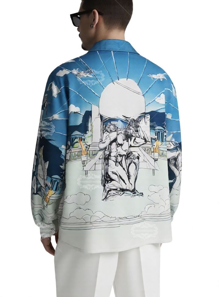 Kemeja Cetak Patung Barok Biru Pucat | Celana Pendek Resor Luxe Ringan