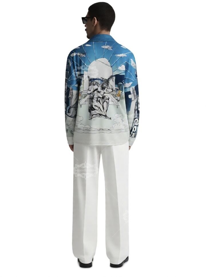 Kemeja Cetak Patung Barok Biru Pucat | Celana Pendek Resor Luxe Ringan