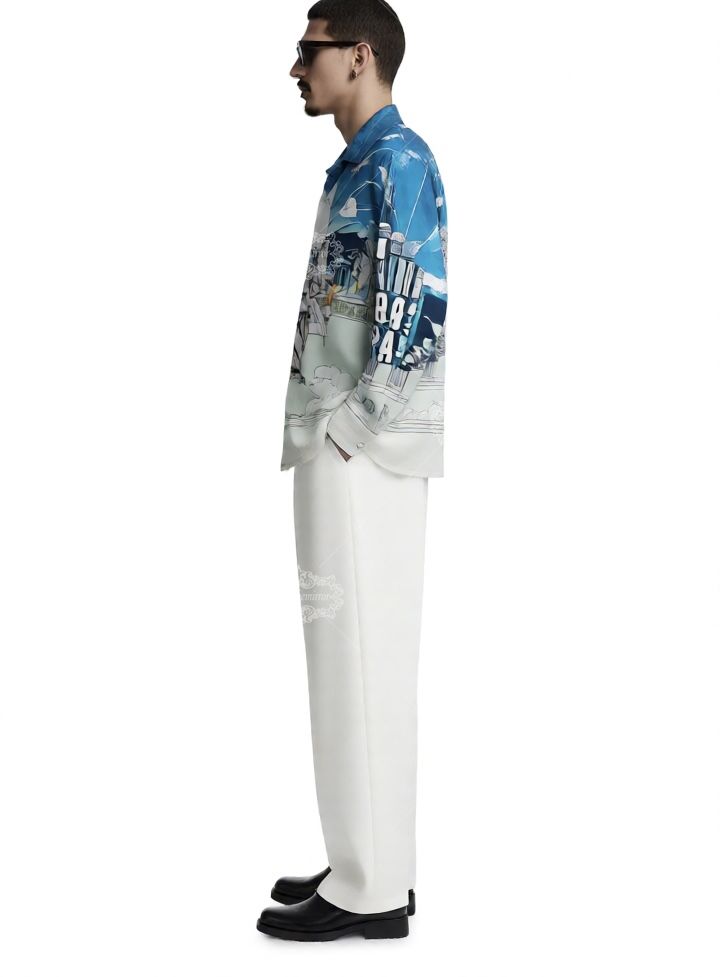 Kemeja Cetak Patung Barok Biru Pucat | Celana Pendek Resor Luxe Ringan