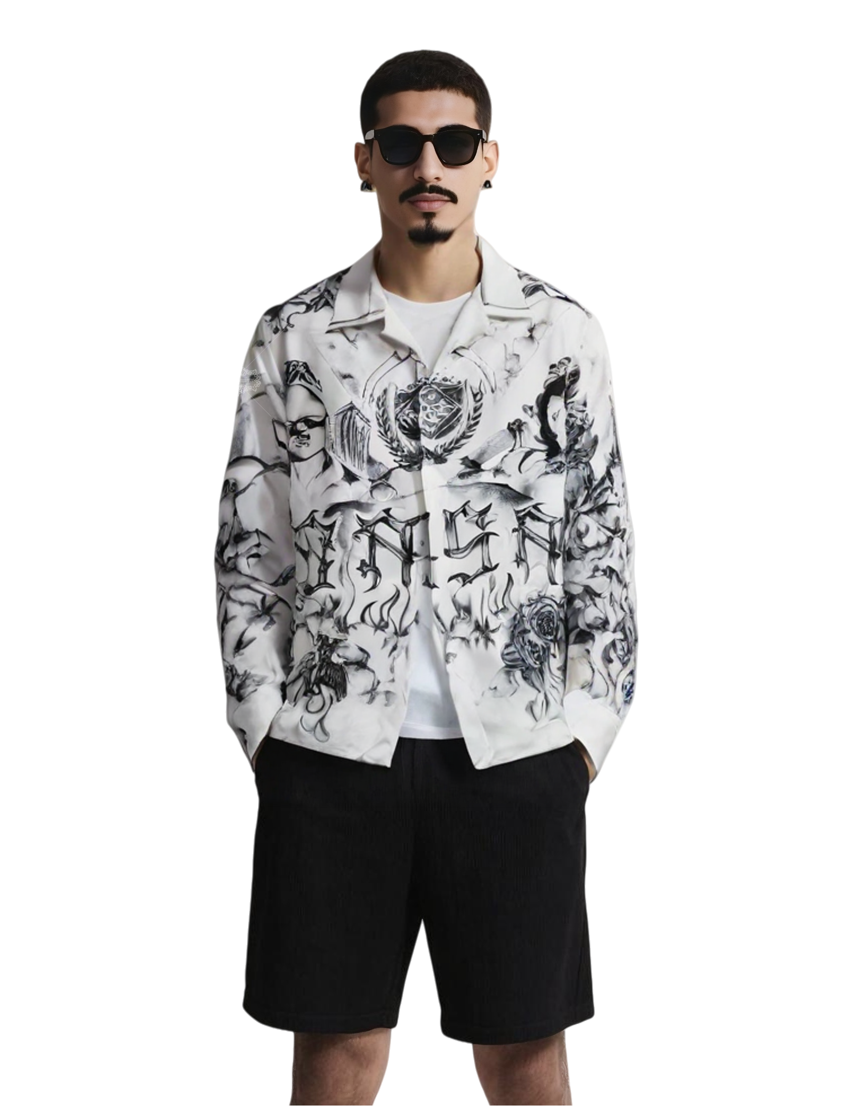 Kemeja Cetak Pemandangan Kota Seni Tato | Grafis Perkotaan Dark Luxe Panjang