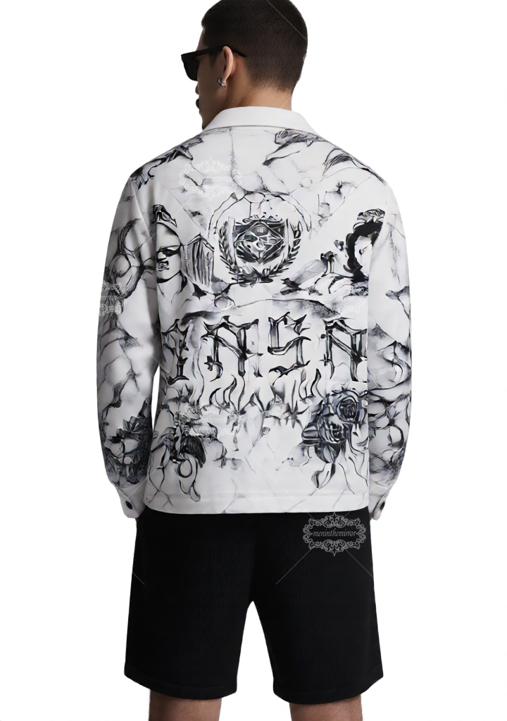 Kemeja Cetak Pemandangan Kota Seni Tato | Grafis Perkotaan Dark Luxe Panjang