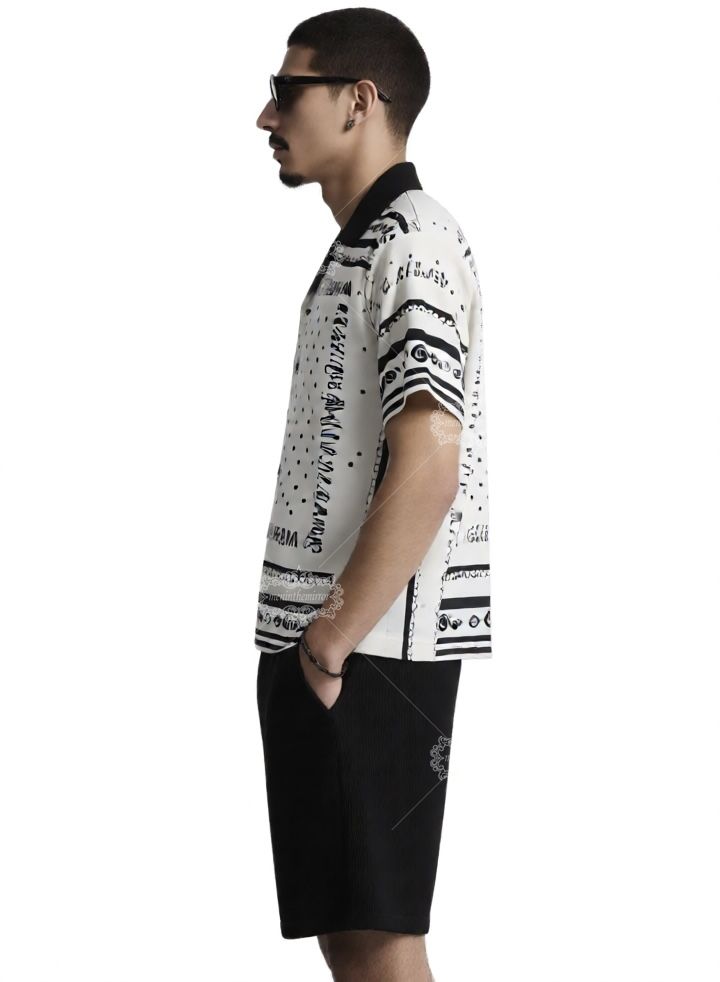 Kemeja Lengan Pendek Perbatasan Polka Dot Monokrom | Syal Sutra Retro Mewah