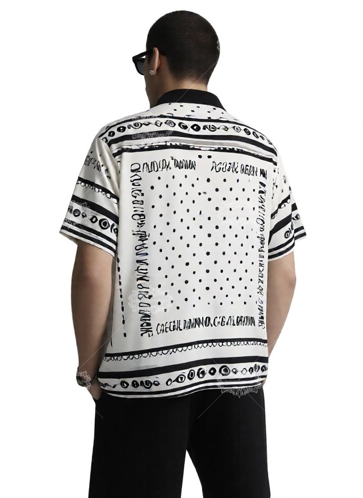 Kemeja Lengan Pendek Perbatasan Polka Dot Monokrom | Syal Sutra Retro Mewah