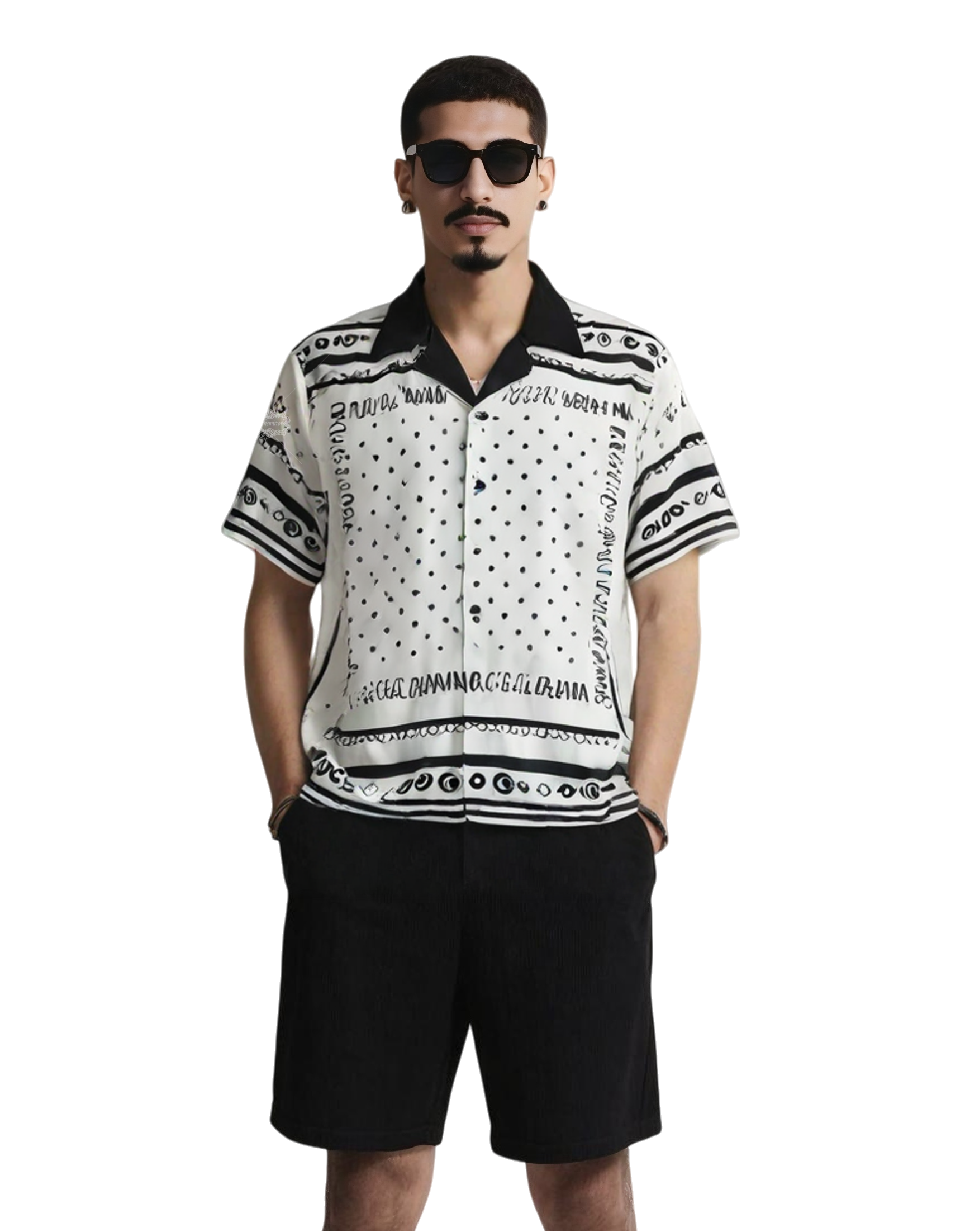 Kemeja Lengan Pendek Perbatasan Polka Dot Monokrom | Syal Sutra Retro Mewah