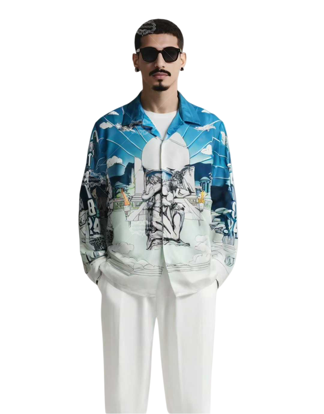 Kemeja Cetak Patung Barok Biru Pucat | Celana Pendek Resor Luxe Ringan